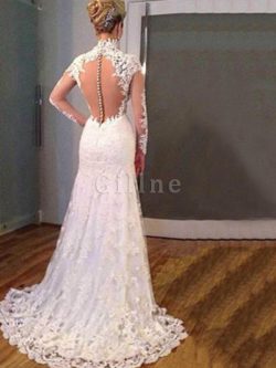 Abito da sposa sirena scollegato con applique in pizzo con maniche lunghe a terra – Gillne.it