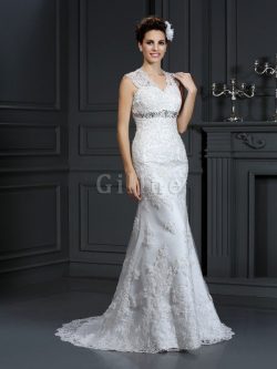 Abito da Sposa V-Scollo con Perline in Pizzo Senza Maniche Naturale – Gillne.it