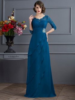 A-Line Normale Taille 3 /4 Länge Ärmeln Anständiges Brautmutterkleid aus Chiffon – MeKleid.de