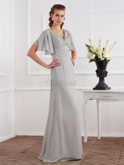 Perlenbesetztes kurze Ärmeln Anständiges Abendkleid aus Chiffon mit V-Ausschnitt – MeKleid.de