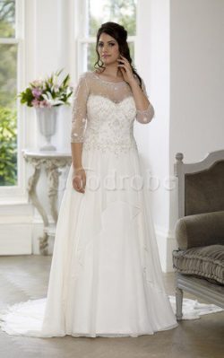 Robe de mariée a-ligne avec fleurs avec décoration dentelle avec chiffon avec perle – GoodRobe