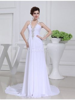 Robe de mariée appliques de col en v avec perle de traîne moyenne de princesse – GoodRobe