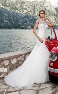 Robe de mariée col ras du cou de sirène en tulle cordon avec manche courte – GoodRobe