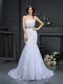 Robe de mariée de sirène avec décoration dentelle de traîne moyenne cordon de bustier – Go ...