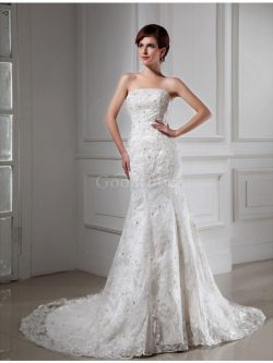 Robe de mariée de tour de ceinture en haute avec perle en satin cordon manche nulle – GoodRobe