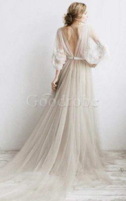 Robe de mariée de traîne courte ligne a a plage appliques longueur au niveau de sol – GoodRobe