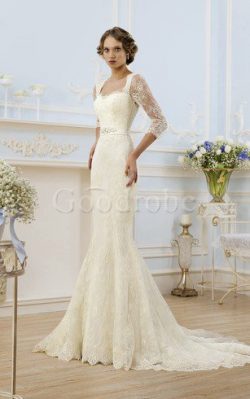 Robe de mariée distinguee en 3/4 manche de fourreau encolure en carré trou de serrure – Go ...