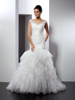 Robe de mariée en tulle decoration en fleur de sirène de traîne longue manche nulle – GoodRobe