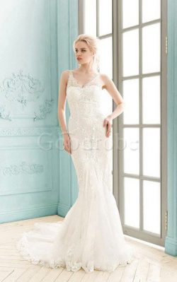 Robe de mariée facile naturel jusqu’au sol v encolure appliques – GoodRobe