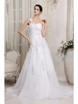 Robe de mariée longue avec perle decoration en fleur cordon manche nulle – GoodRobe