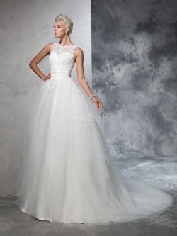 Robe de mariée longue de traîne mi-longue col en bateau appliques de mode de bal – GoodRobe