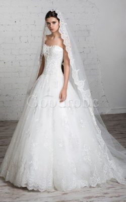 Robe de mariée longue en tulle a-ligne de col en cœur jusqu’au sol – GoodRobe