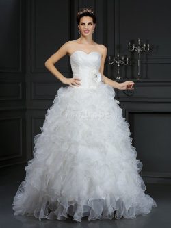 Robe de mariée longue naturel manche nulle en organza col en forme de cœur – GoodRobe