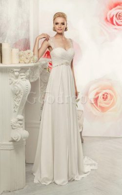 Robe de mariée longue noeud de tour de ceinture en haute avec sans manches col en reine –  ...