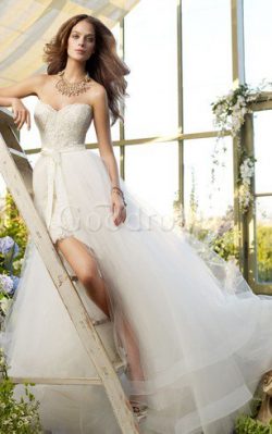 Robe de mariée manche nulle textile en tulle fermeutre eclair ligne a avec ruban – GoodRobe