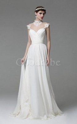 Robe de mariée modeste trou de serrure en chiffon elevé avec décoration dentelle – GoodRobe