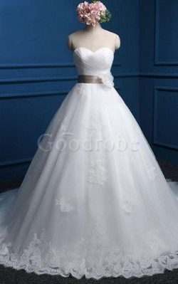 Robe de mariée naturel avec sans manches en tulle de col en cœur ceinture – GoodRobe