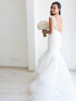 Robe de mariée naturel en organza de traîne mi-longue de sirène grandes bretelles – GoodRobe