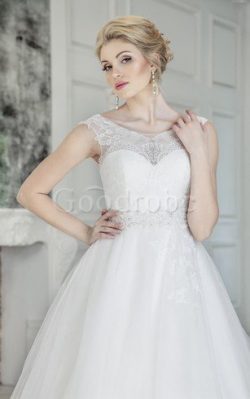 Robe de mariée naturel encolure ronde ligne a avec manche épeules enveloppants en tulle –  ...