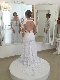 Robe de mariée naturel gaine col u profond avec décoration dentelle avec manche longue – G ...