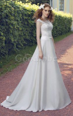 Robe de mariée naturel longue ligne a jusqu’au sol avec décoration dentelle – GoodRobe