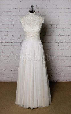 Robe de mariée naturel plissé de col haut longueur au niveau de sol fermeutre eclair – Goo ...