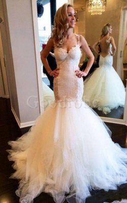 Robe de mariée plissage en tulle decoration en fleur en dentelle bandouliere spaghetti – G ...