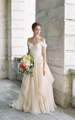 Robe de mariée plissage ruché manche nulle d’epaule ajourée a-ligne – GoodRobe