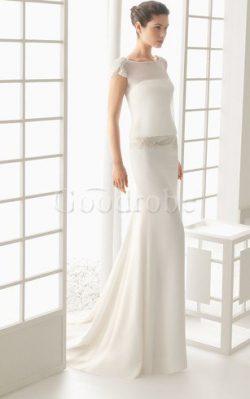 Robe de mariée romantique de fourreau de traîne courte col en bateau avec manche courte –  ...