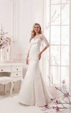 Robe de mariée romantique en dentelle en forme longueur au niveau de sol avec ruban – GoodRobe