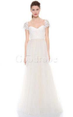 Robe de mariée simple delicat col en reine avec fleurs ligne a – GoodRobe