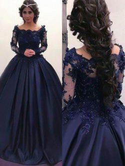 Single Duchesse-Linie Bateau Sweep Train Abendkleid mit Applike mit Langen Ärmeln – MeKleid.de