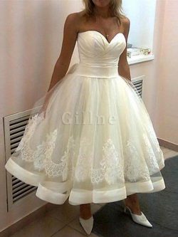 Abito da Sposa Cuore Senza Maniche con Applique Sotto Ginocchio Naturale – Gillne.it