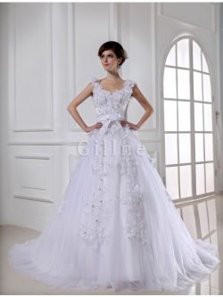 Abito da Sposa in Tulle in Raso con Perline Largo Bretelle Coda A Strascico Cappella – Gil ...