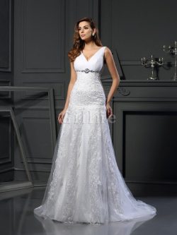 Abito da Sposa Principessa Lunghi con Applique con Perline Coda A Strascico Cappella – Gil ...