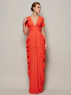 Plissiertes Chiffon V-Ausschnitt Sittsames Bodenlanges Brautmutterkleid – MeKleid.de