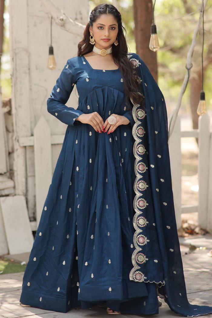 Buy Prussian Blue Silk Embroidered Anarkali Dress with Dupatta – Diwali Special | Like A Diva