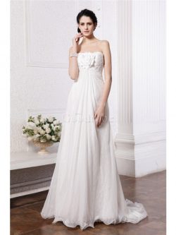 Robe de mariée longue de tour de ceinture en haute avec zip de bustier manche nulle – GoodRobe