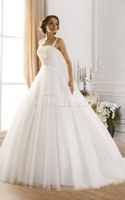 Robe de mariée naturel en tulle bandouliere spaghetti de mode de bal jusqu’au sol –  ...