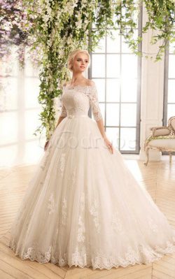 Robe de mariée romantique en dentelle en tulle avec manche 1/2 de traîne courte – GoodRobe