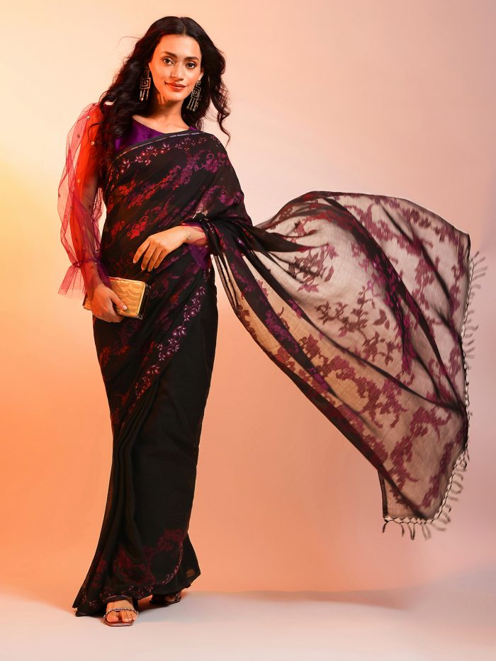 Dusky Brown Jade Forest Liva Jacquard Saree – navyāsa