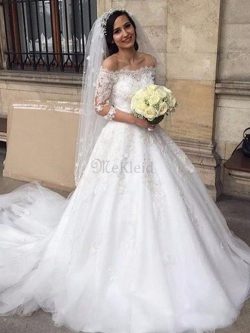 Blendend Normale Taille Tüll Schulterfrei Duchesse-Linie Brautkleid mit Applikation – MeKl ...