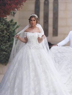 Normale Taille Duchesse-Linie Gericht Schleppe Kurze Ärmeln Brautkleid mit Bordüre – MeKle ...