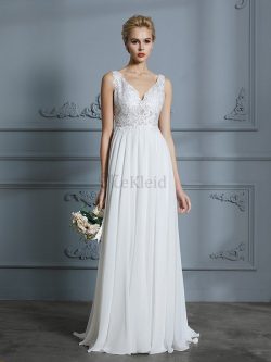 Prinzessin Attraktiv a linie Chiffon Brautkleid mit Bordüre mit V-Ausschnitt – MeKleid.de