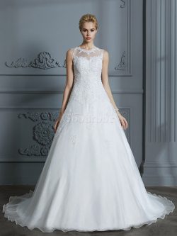 Robe de mariée de mode de bal manche nulle decoration en fleur encolure ronde gracieux – G ...