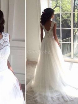 Robe de mariée de traîne moyenne rêveur avec perle en tulle naturel – GoodRobe