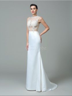 Robe de mariée longue avec zip de traîne courte de fourreau au niveau de cou – GoodRobe