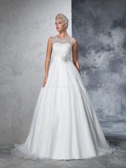 Robe de mariée longue de traîne mi-longue avec décoration dentelle manche nulle – GoodRobe