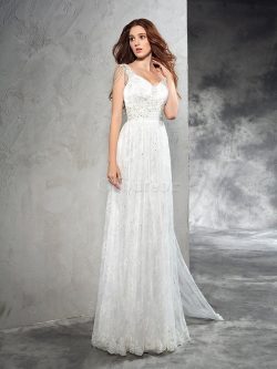 Robe de mariée longue ligne a de princesse avec sans manches de traîne moyenne – GoodRobe