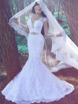 Robe de mariée naturel appliques avec manche longue de traîne moyenne de sirène – GoodRobe